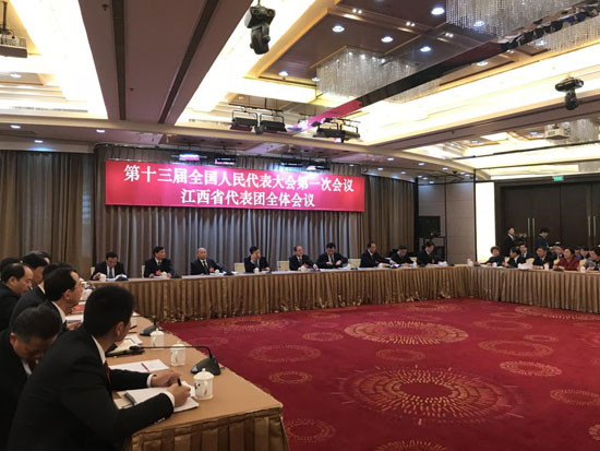 十三屆全國人大一次會議江西代表團全體會議現(xiàn)場。（人民網(wǎng)記者 羅知之攝）