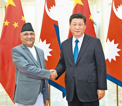 6月20日，國(guó)家主席習(xí)近平在北京人民大會(huì)堂會(huì)見(jiàn)尼泊爾總理奧利。 　　新華社記者 饒愛(ài)民攝 