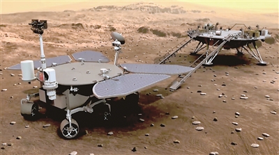 圖為“天問一號”探測器著陸后，火星車與著陸平臺解鎖分離，在火星表面開展科學(xué)探測的模擬圖。  （中國航天科技集團五院供圖）