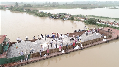 連日來，巢湖水位居高不下，環(huán)巢湖各地黨員干部、志愿者同部隊(duì)官兵齊心協(xié)力，在巢湖大堤上加固堤壩。圖為肥西縣嚴(yán)店鄉(xiāng)干部群眾在派河段大堤上搶險(xiǎn)護(hù)堤。鄭成功 攝