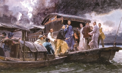 何紅舟、黃發(fā)祥創(chuàng)作的《啟航——中共一大會(huì)議》，采用寫(xiě)實(shí)主義手法，再現(xiàn)了中共一大南湖會(huì)議登船啟航的歷史瞬間。