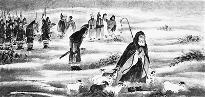 蘇武被放逐北海牧羊，十九年持節(jié)不屈，就在于他心中有國、心中有家。此圖作于抗戰(zhàn)晚期，畫家借助蘇武的故事表達了中華民族威武不屈的民族氣節(jié)和抗戰(zhàn)必勝的信心。 蘇武牧羊圖 傅抱石繪 故宮博物院藏